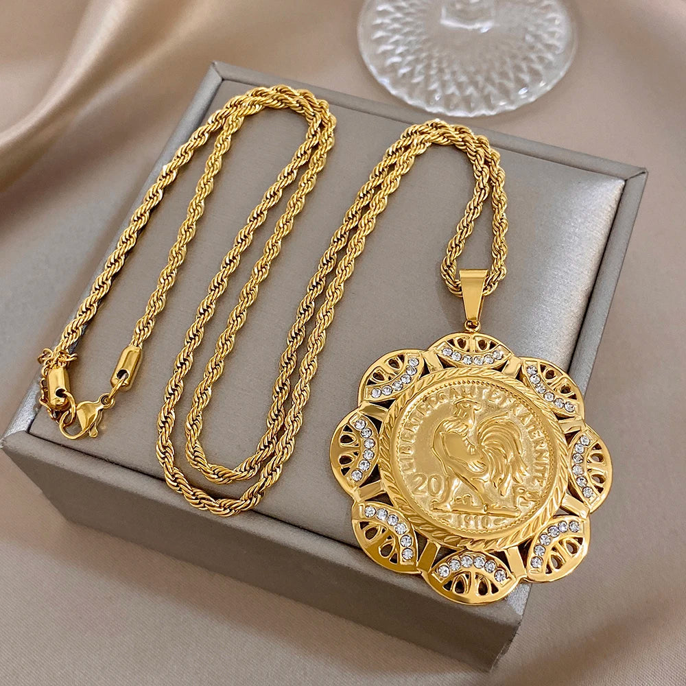 Greatera Vintage Embossment Teardrop Pendant Necklace For Women Men Chic Hollow Artistic Design Stainless Steel Jewelry Party