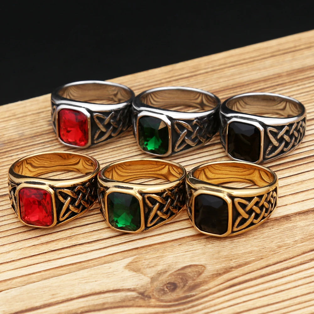 Viking Steel Ring Vintage Nordic Knot Rune Square