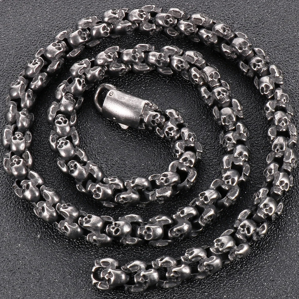 12MM Width Men's Stainless Steel Skull Head Link Chain Necklace Punk Rock On Neck Skeleton Jewelry Gothic Style