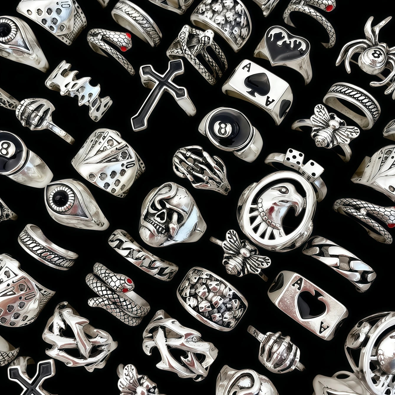 12/24/48/100Pieces Vintage Punk Rings Set For Women Men Mix Style Hip Hop Heart Snake Skull Eye Finger Ring Jewelry