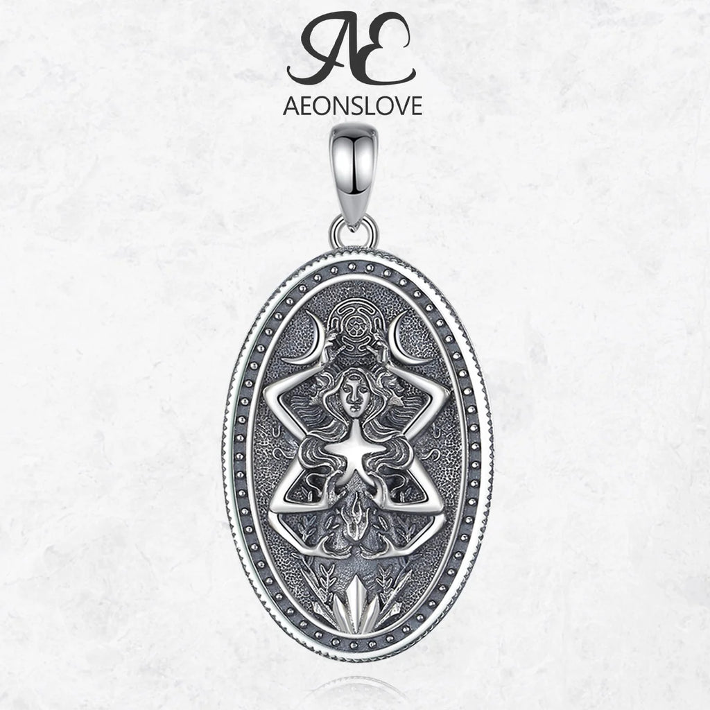 AEONSLOVE Silver Hecate Triple Moon Goddess Necklace Vintage Oval Pendant Wicca Pagan Jewelry Protection Amulet