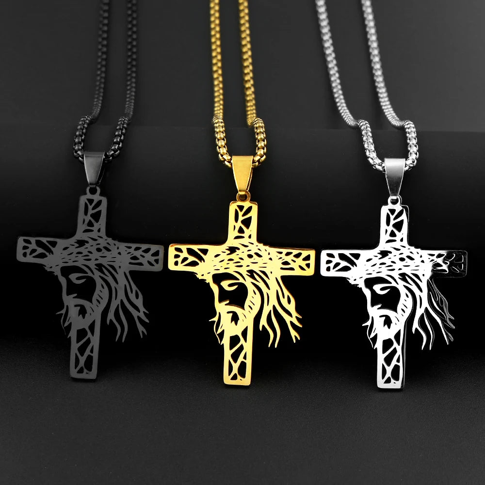 Hollow Crown of Thorns Jesus Cross Pendant Necklace for Women Men Stainless Steel Gold Plated Crucifix Chain Faith Jewelry Gift