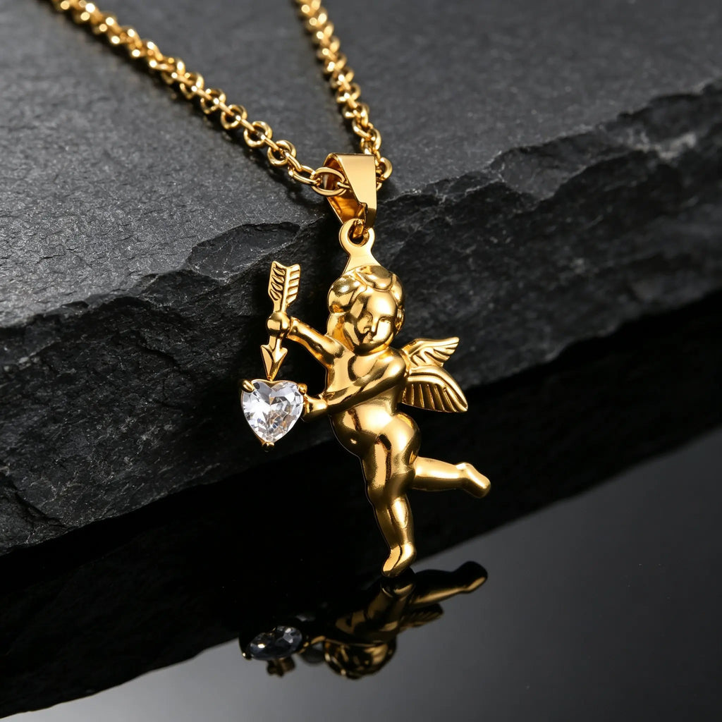 Gold Color Stainless Steel Cupid Pendant Necklace,Love CZ Bow Arrow Cupid Pendant Necklace,Pray for Beautiful Love Jewelry