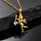 Gold Color Stainless Steel Cupid Pendant Necklace,Love CZ Bow Arrow Cupid Pendant Necklace,Pray for Beautiful Love Jewelry