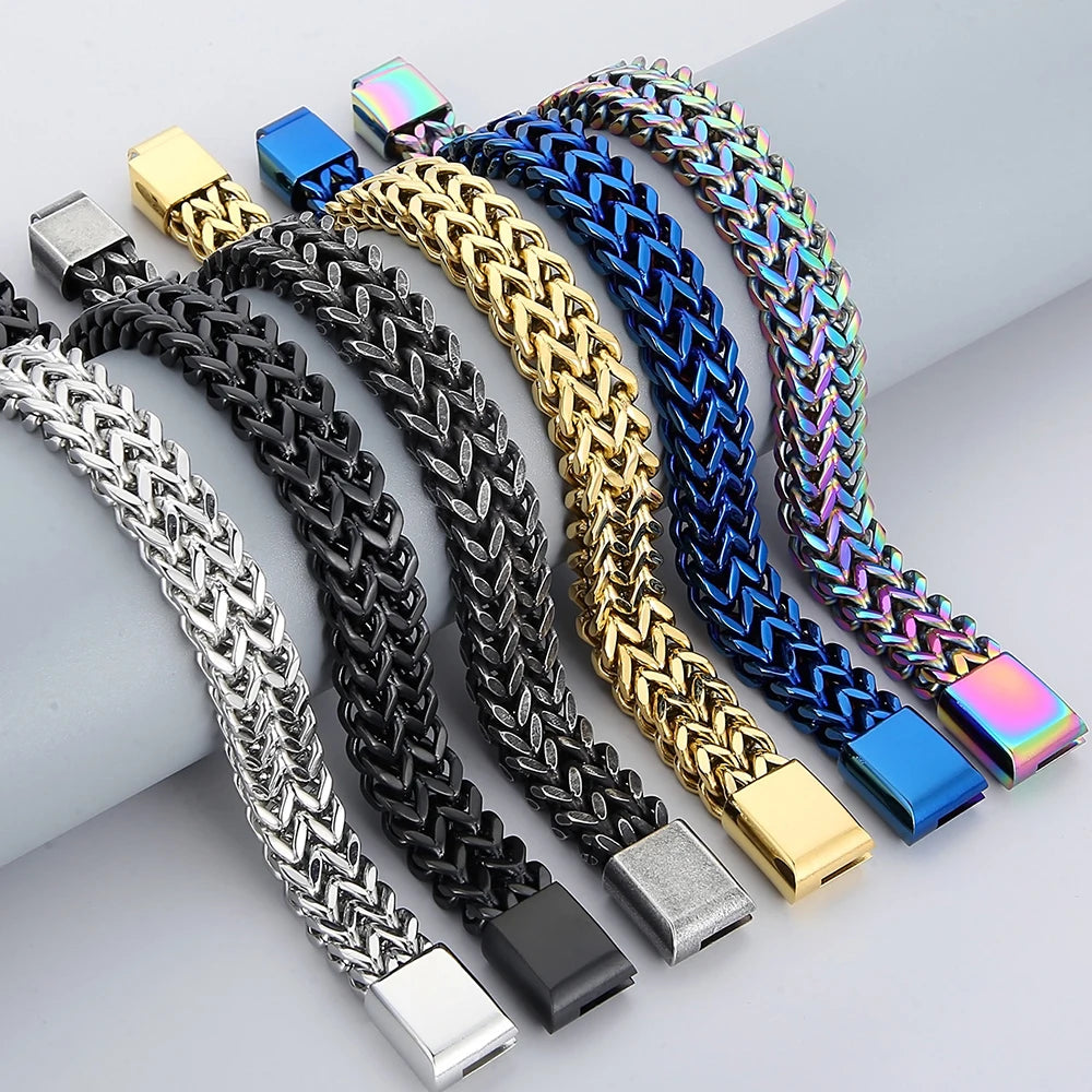 Mens 12MM Width Double Row Chain Wrist Bracelets 6 Color Stainless Steel Bracelet for Man Handles With Magnet Clasp