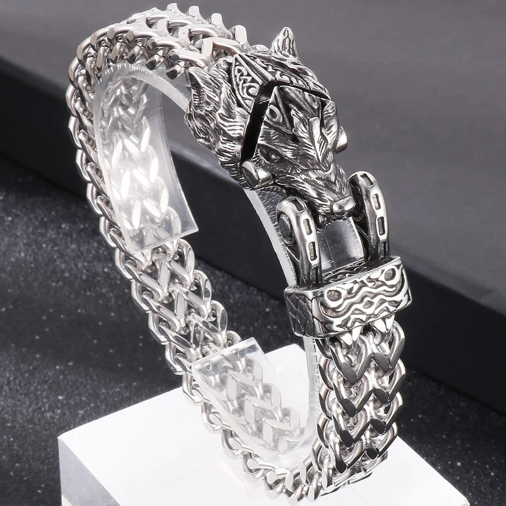 Nordic Viking Jewelry Man Bracelet With Snake Owl Wolf Head Solid Stainless Steel 12MM Mesh Link Chain Men's Bracelets