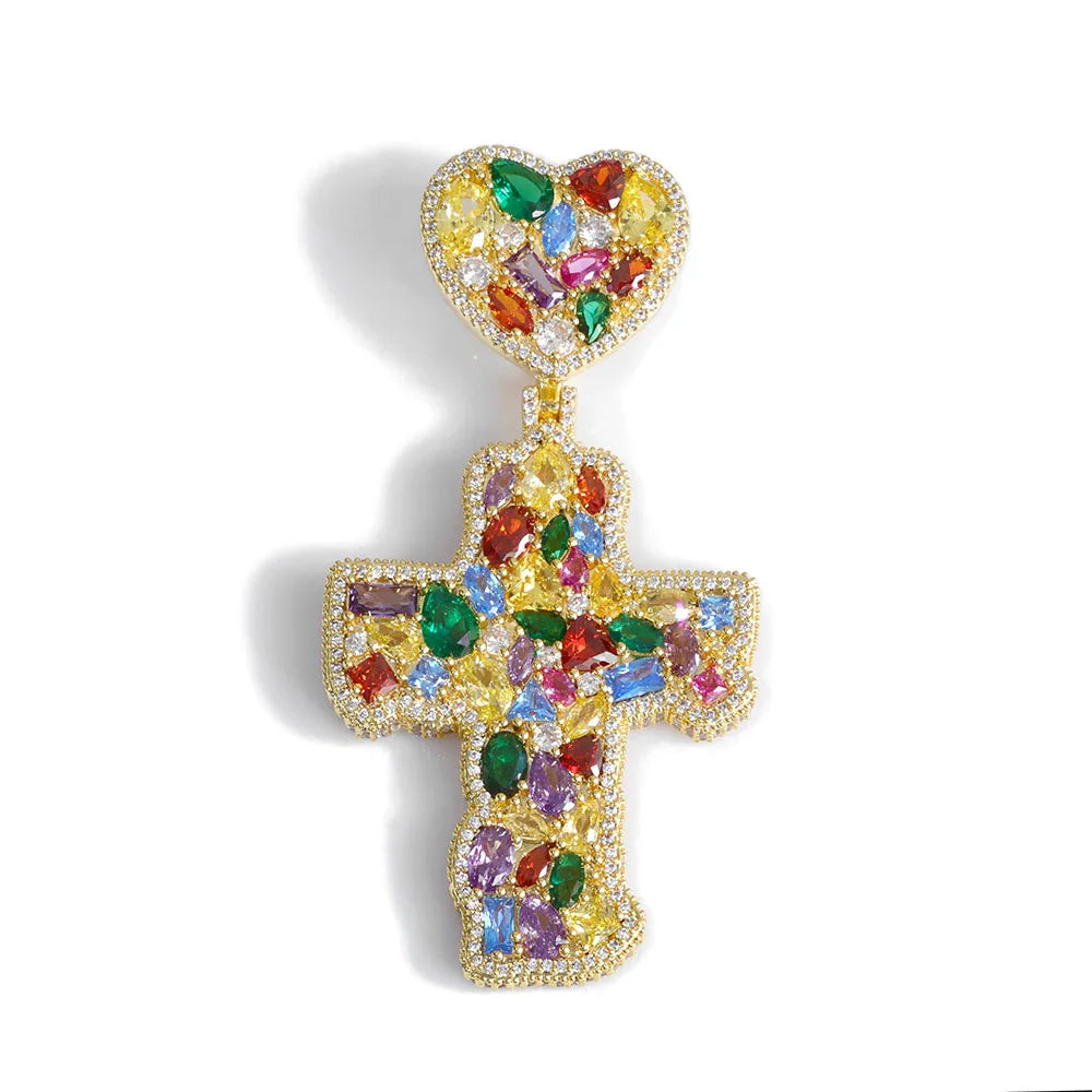 Cross Pendant Necklace Iced Out Colorful CZ