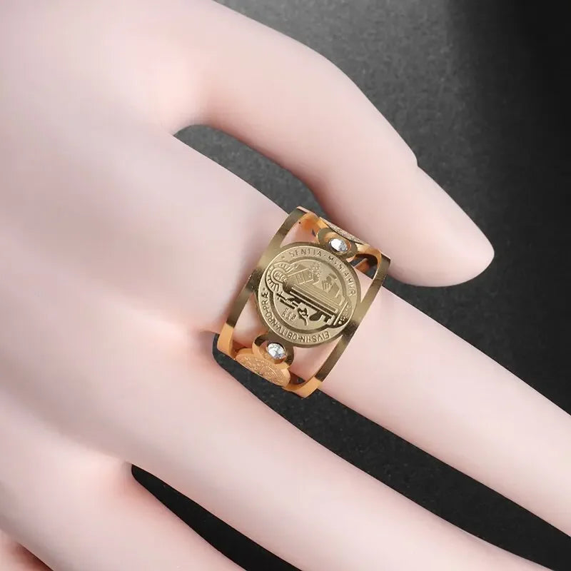 Saint Benedict Medal Cutout Open Ring — Stainless Steel