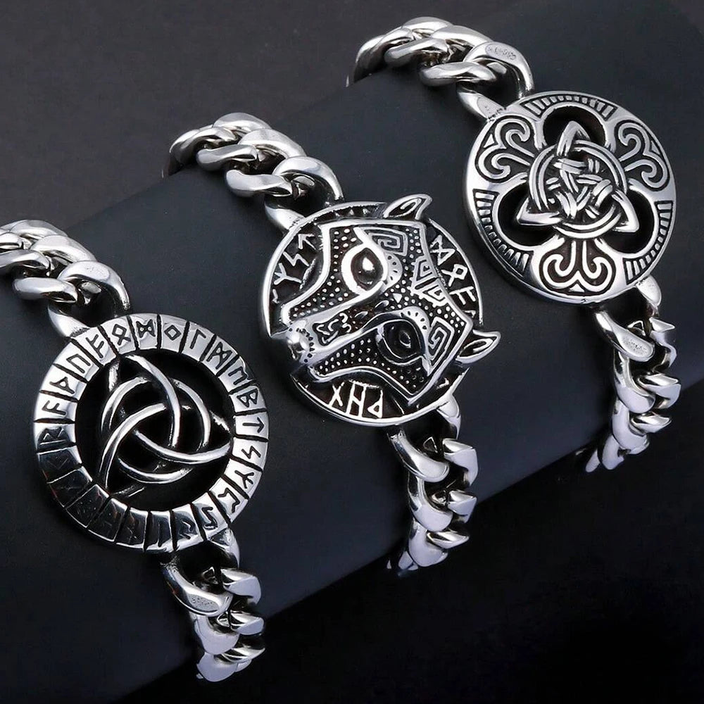 Medieval Norse Viking Rune Wolf Bracelet Man Stainless Steel Valknut Witch Knot Compass Bracelet for Men Scandinavian