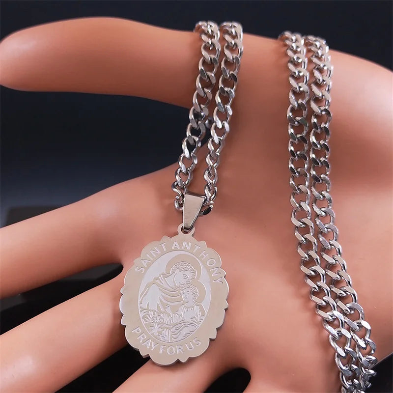 SAINT ANTHONY PRAY FOR US Stainless Steel Archangel Necklace Women/Men Silver Color Flower Necklaces Jewelry religieux