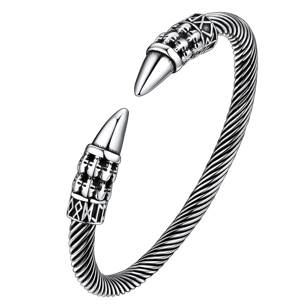 U7 Stainless Steel 6mm Wide Twristed Cable Open Bangle Cuff for Man Skull Dragon Long Charm End Rock Gothic Punk Jewelry Gift