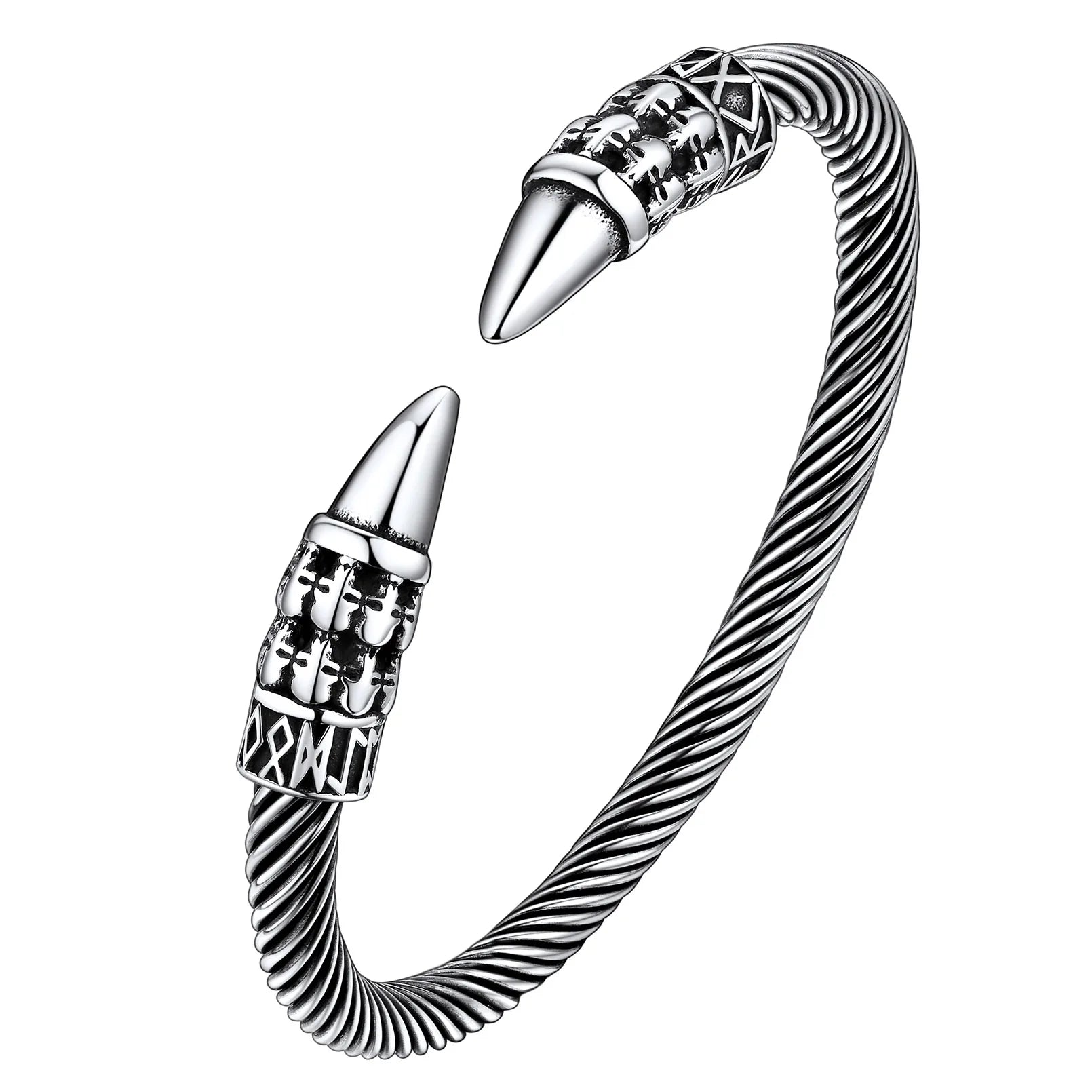U7 Stainless Steel 6mm Wide Twristed Cable Open Bangle Cuff for Man Skull Dragon Long Charm End Rock Gothic Punk Jewelry Gift