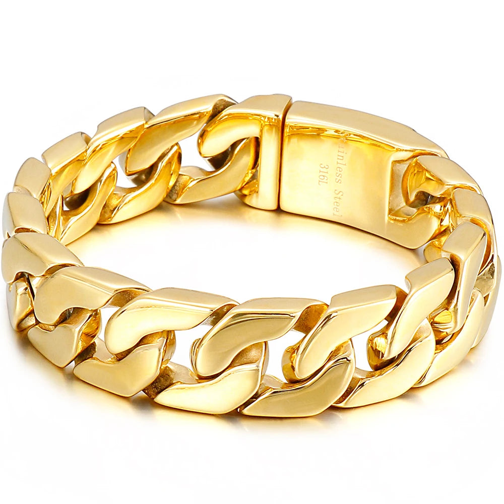 17MM Thick 316L Stainless Steel Cuban Link Chain Waterproof Gold Color Men's Bracelets Minimalist Retro Male Jewelry