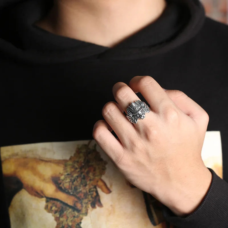 Gothic Samurai Cat Open Ring, Silver-Tone — Zinc Alloy