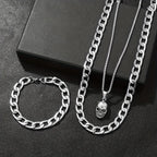 Skull Pendant Necklace, Curb Chain Bracelet & Ring Set — 4 Pcs