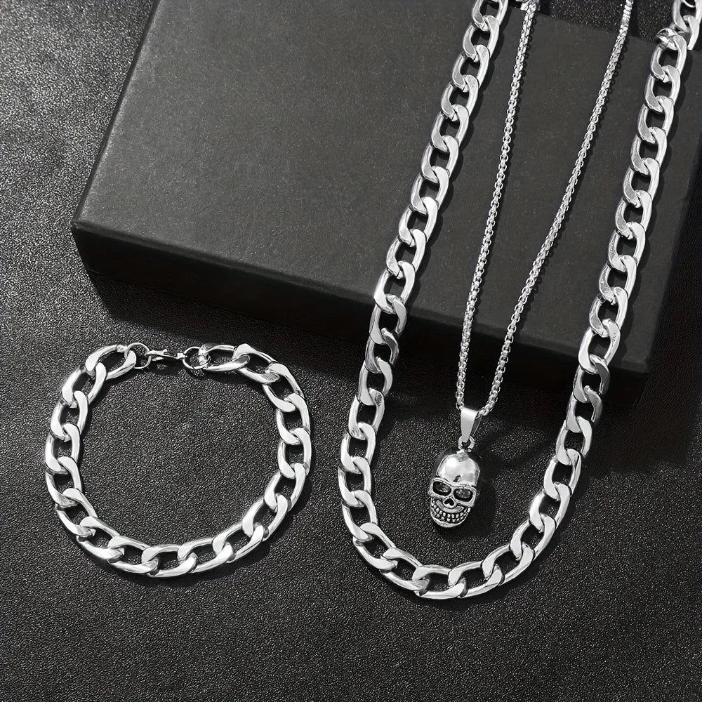 Skull Pendant Necklace, Curb Chain Bracelet & Ring Set — 4 Pcs