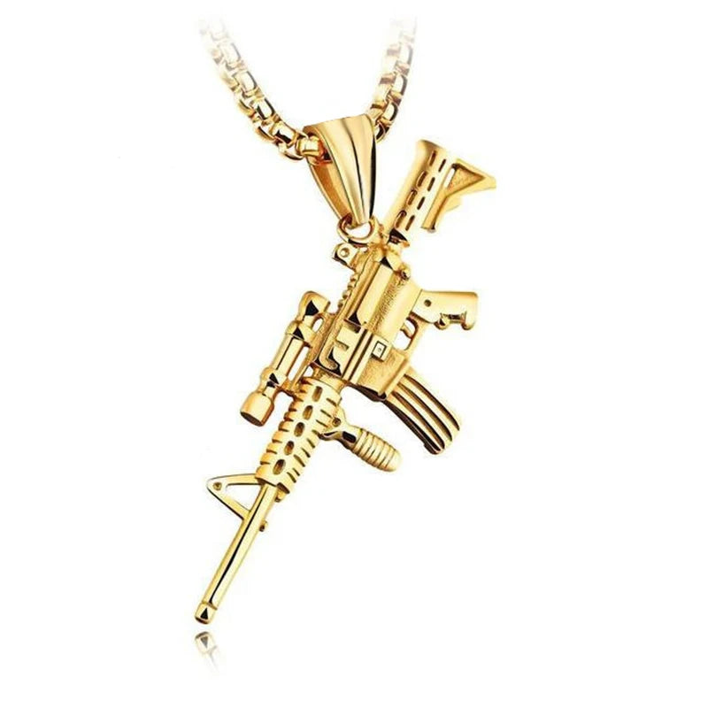 Black Gold Machine Gun Pendant Necklace Statement