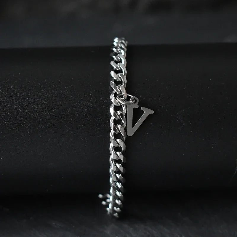 A-Z Initial Letter Cuban Chain Bracelet — Stainless Steel
