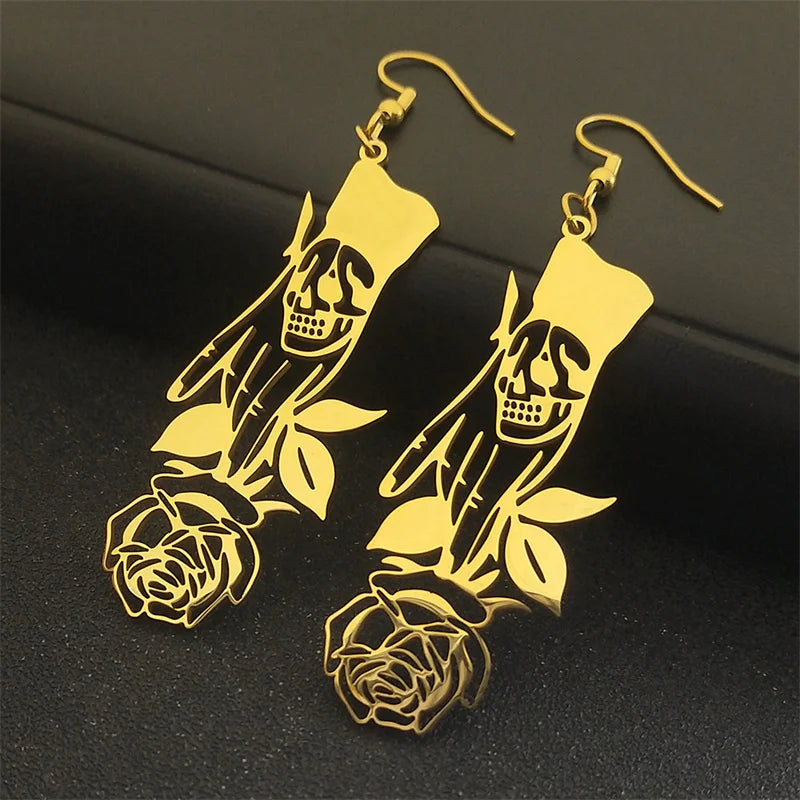 Gothic Skull Gold Earrings Vintage Rose Flower
