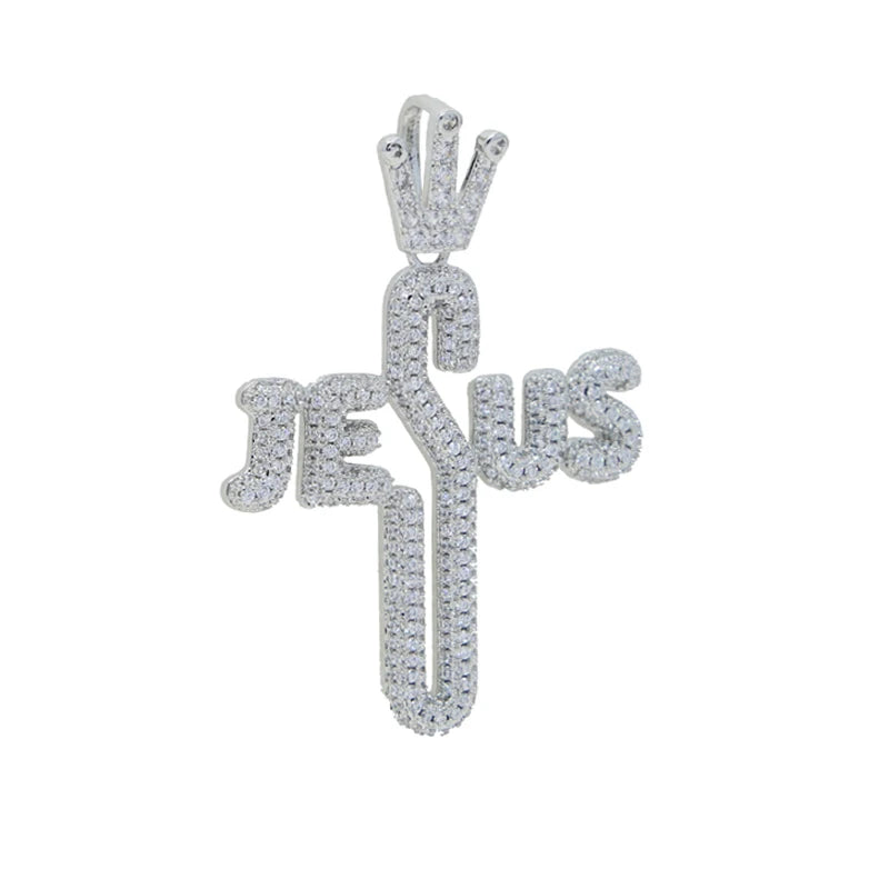 New Iced Out Bling CZ Cross Pendant Necklace Silver Color Prong Setting Cubic Zirconia Jesus Charm Men Women Hip Hop