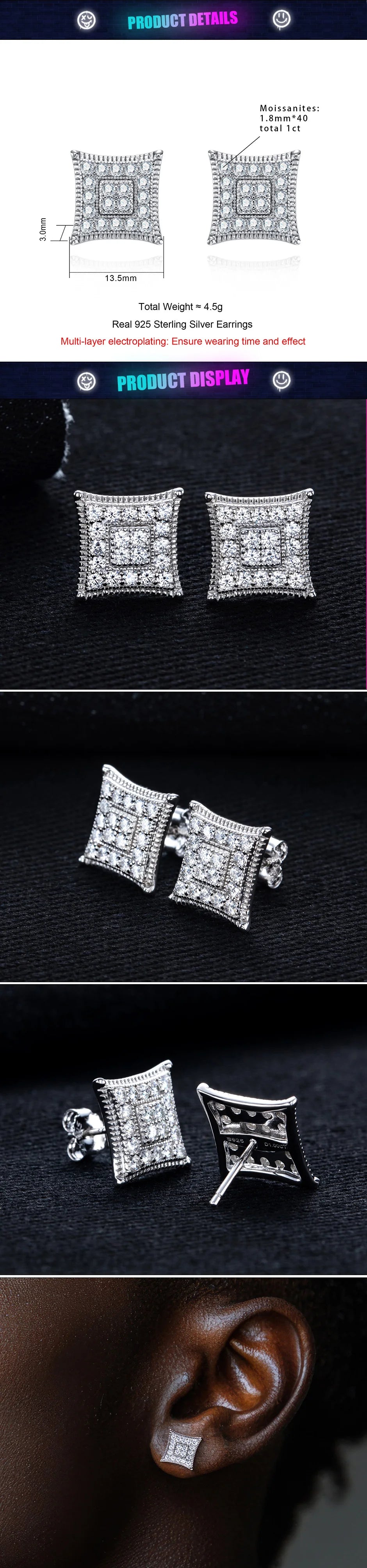 Iced Out Square Stud Earrings — 925 Silver