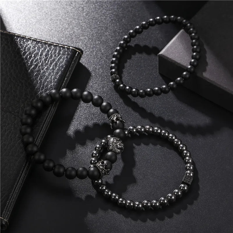 Lion Head Crown Dice Bead Bracelet Set — Black-Tone, 3 Pcs