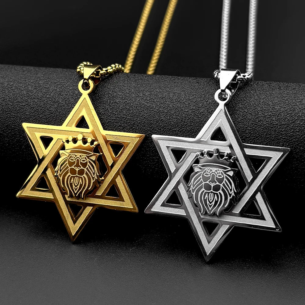 Star of David Lion of Judah Pendant Necklace — Gold-Tone Steel