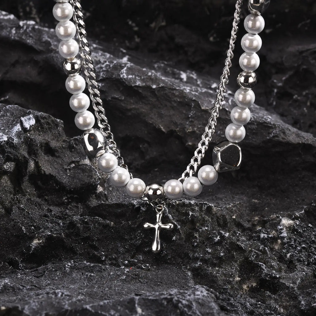 Mprainbow Long Tassel Cross Necklaces for Men Women,Reflective Beads Irregular Beaded Necklaces,Double Layers Collar