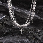 Mprainbow Long Tassel Cross Necklaces for Men Women,Reflective Beads Irregular Beaded Necklaces,Double Layers Collar
