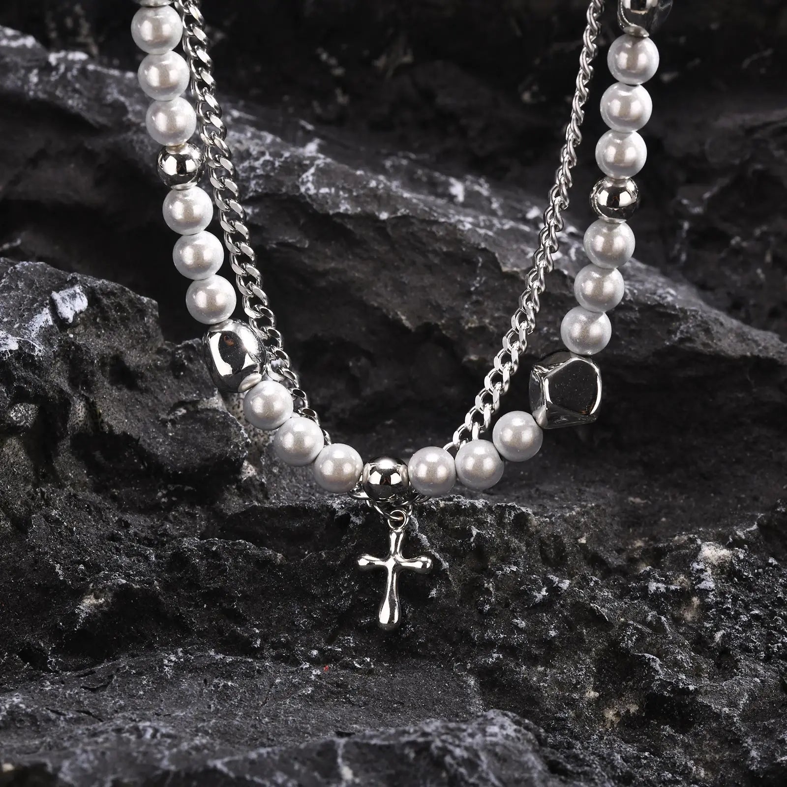 Mprainbow Long Tassel Cross Necklaces for Men Women,Reflective Beads Irregular Beaded Necklaces,Double Layers Collar