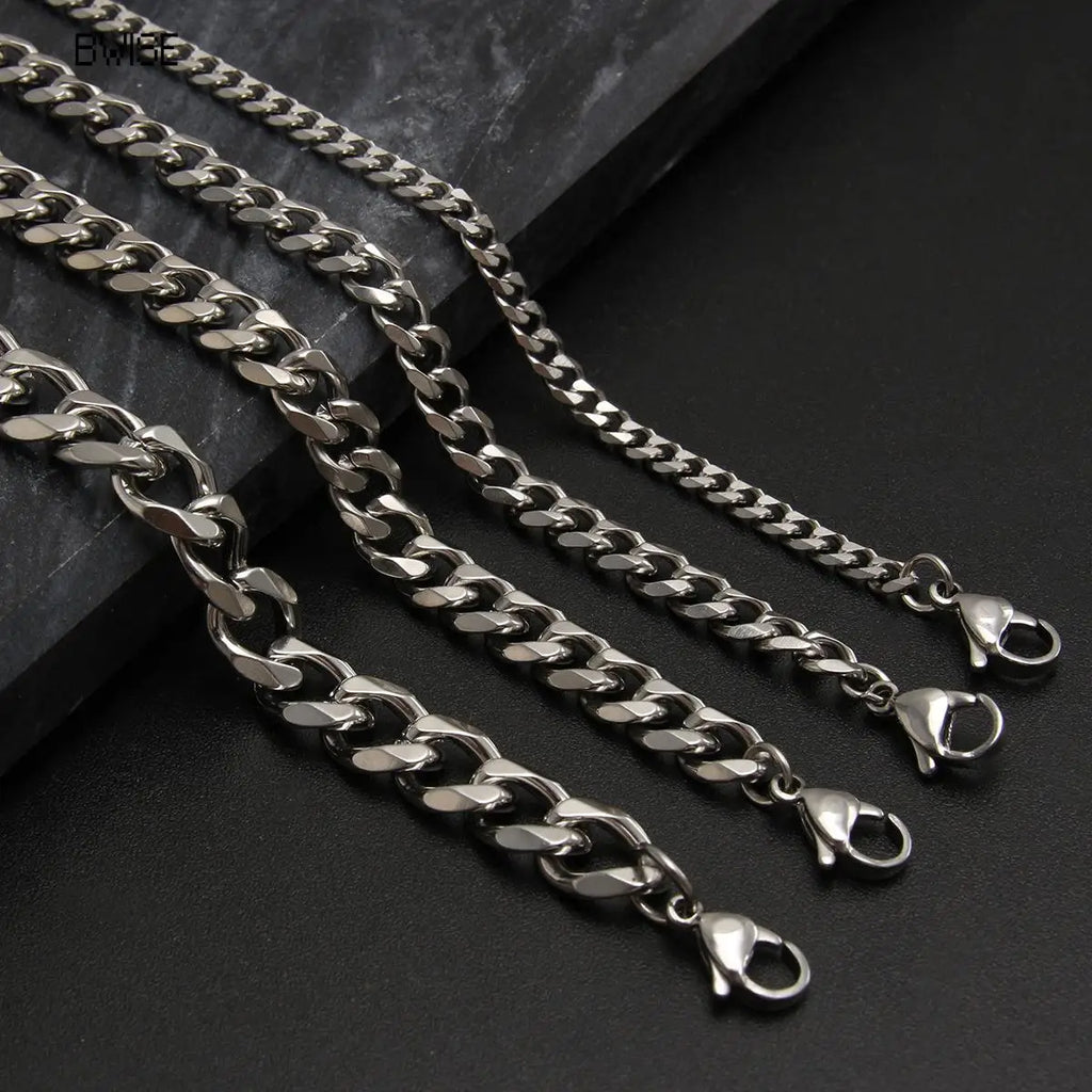 Bwise 1 piece Size 3.6mm-9mm Men's Necklace Stainless Steel Cuban Link Chain Bracelet Necklace Steel Color Male Jewelry
