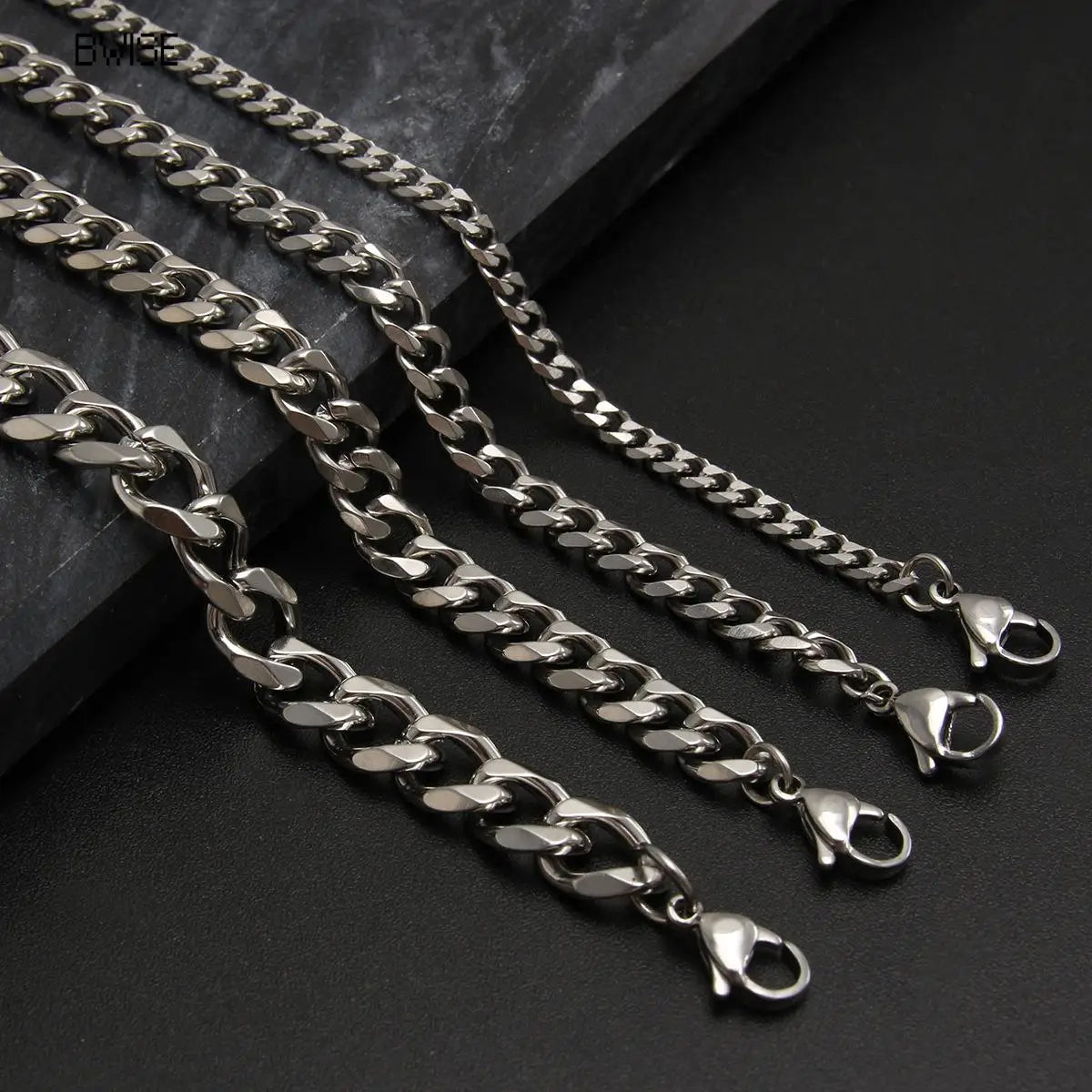 Bwise 1 piece Size 3.6mm-9mm Men's Necklace Stainless Steel Cuban Link Chain Bracelet Necklace Steel Color Male Jewelry