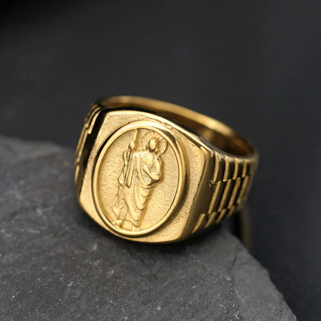 New gold color Catholic Saint Jude Crucifix Ring for men ins Stylish 316L Stainless steel bible Jesus exorcist