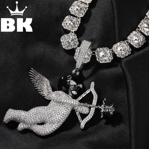 THE BLING KING Iced Full Zirconia Masked Rose Cupid Angel Pendant Necklace Goddess of Love With Arrow 12mm Square Chain