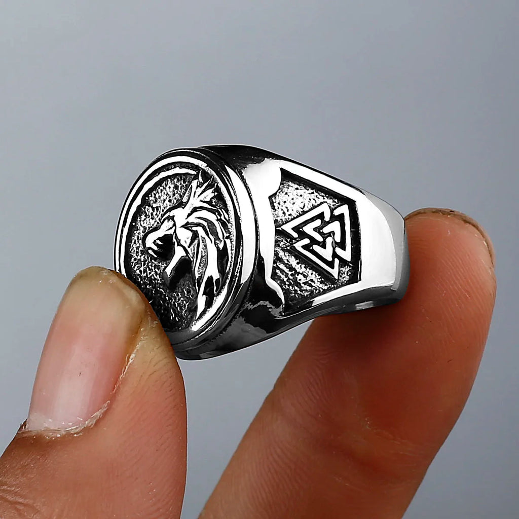 Viking Valknut Rune Wolf Head Ring Men's Fashion Personality Animal Stainless Steel Finger Ring Biker Party Club