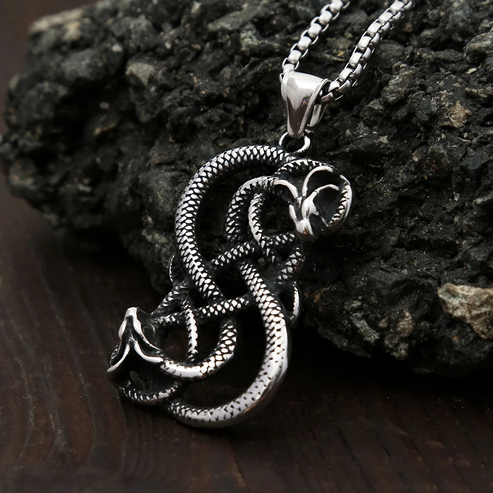 Vintage Norse Loki Double Dragon Gothic Ouroboros Pendant Necklace Stainless Steel Viking Amulet Male Jewlery Gifts