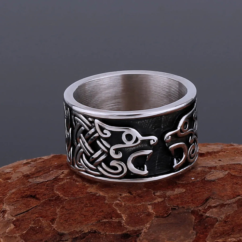 Vikings Stainless Steel Simple Double Wolf Head Ring Scandinavian Celts Knot Symbol Amulet Ring Handmade Punk Hip Hop Jewelry