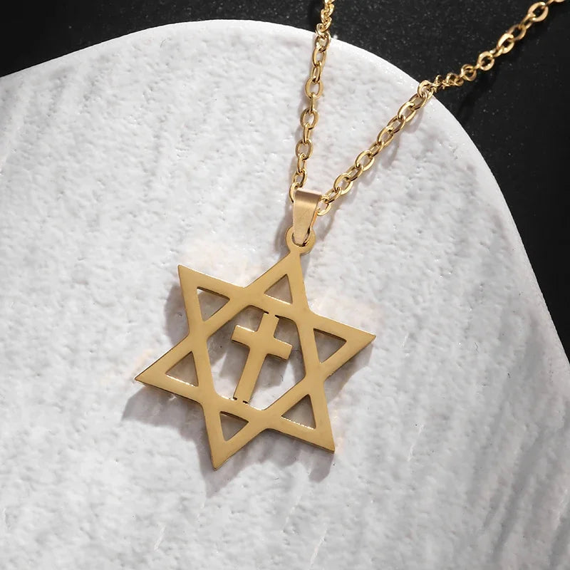 Hamsa Hands of Fatima Hebrew Pendant Stainless Steel Jerusalem Star of David Necklace Women's Jewish Jewelry