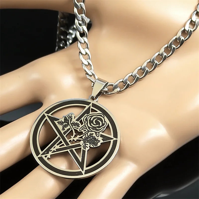 Black Rose Pentagram Pendant — Silver