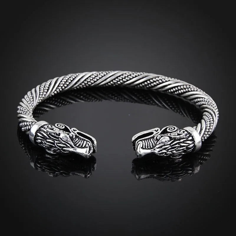 Classic Animal Viking Double Wolf Head Adjustable Bracelet Men Stainless Steel Bracelet Fashion Double Snake Heads
