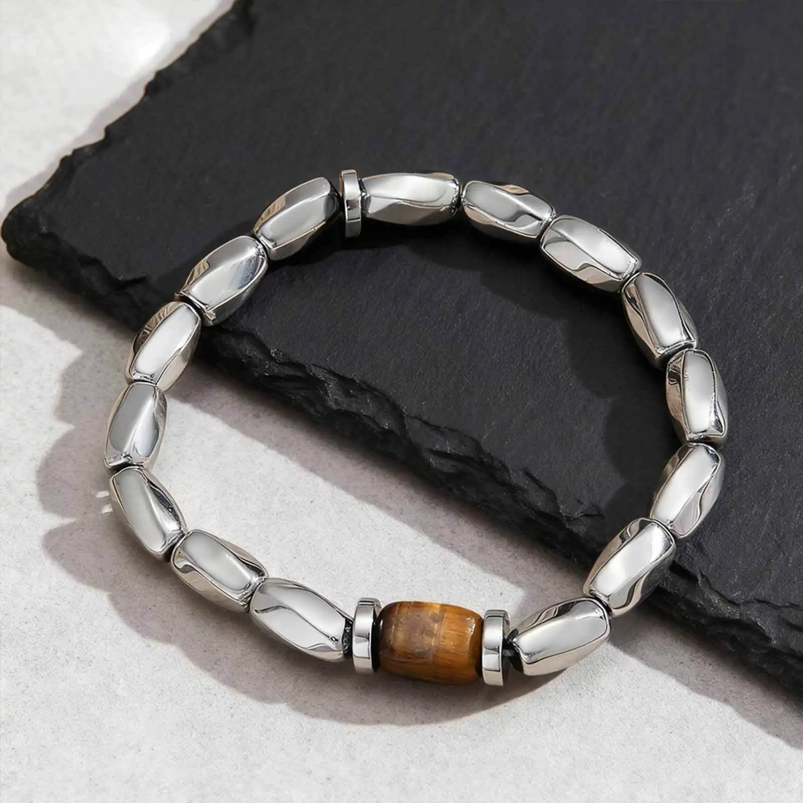 Silver Tiger Eye Stone Beaded Bracelet