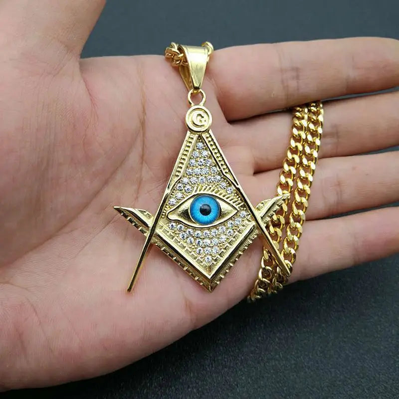 Hip Hop Rock Bling Gold Color Stainless Steel Illuminati Eye Freemason Masonic AG Pendants Necklaces for Men Jewelry