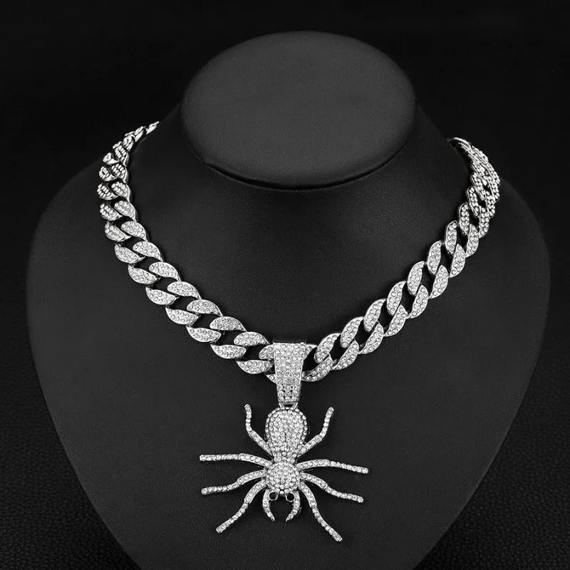 Bold Hip Hop Cuban Chain Necklace with Spider Pendant – Trendy Men's Gothic Jewelry, Punk Streetwear Accessory