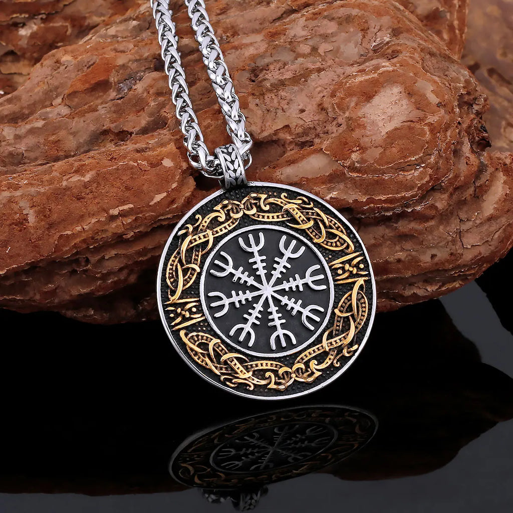 Nordic Mythology Courageous Men Helmet of Awe Necklace Handmade Gold Color Celtic Knot Amulet Biker Party Club Pendant