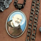 Catholic Padre Pio Saint Father Glass Medal Pendant Necklace for Women Men Stainless Steel Gold Color Religious Amulet Jewelry