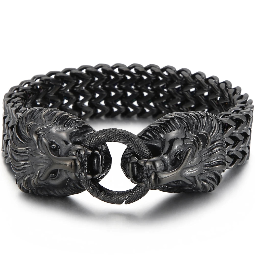 Massive Lion Skull Head Bracelet for Man Stainless Steel 18MM Wide Square Franco Chain Men's Bracelets Animal Wrist