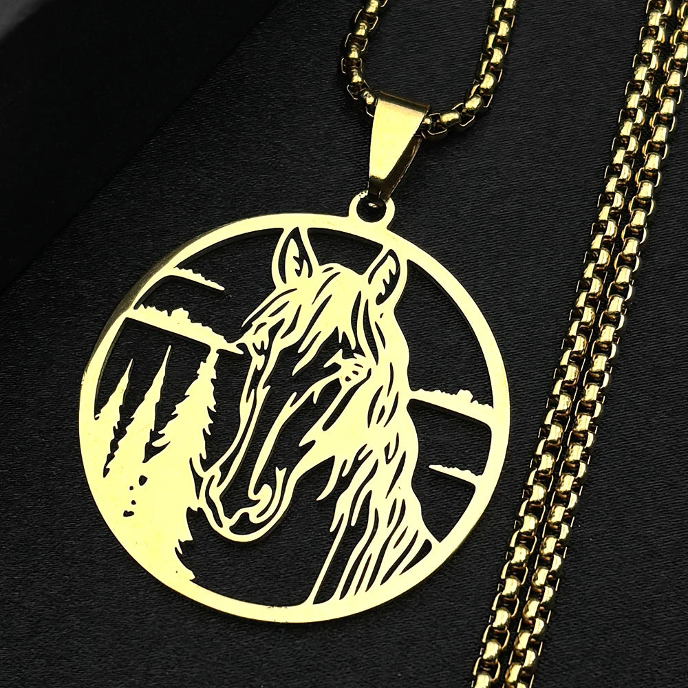 Horse Head Forest Chain For Women Men Stainless Steel Silver Color Natural Pony Boy Animal Male Pendant Necklace