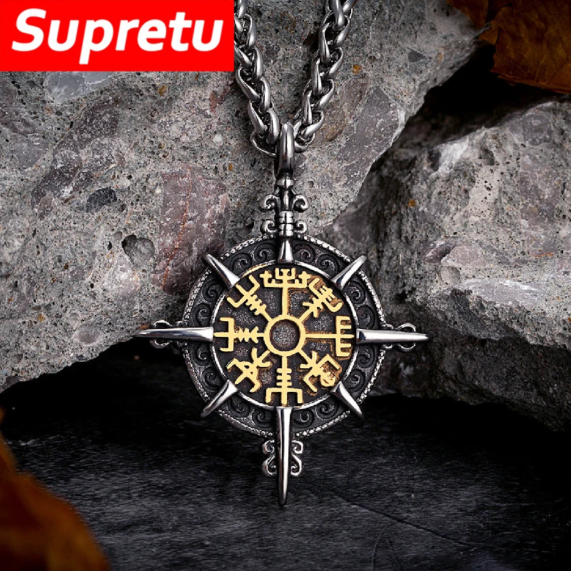 Mens Viking Compass Necklaces Stainless Steel Double-sided Norse Runes Trident Pendant With Genuine Leather Chain