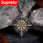 Mens Viking Compass Necklaces Stainless Steel Double-sided Norse Runes Trident Pendant With Genuine Leather Chain
