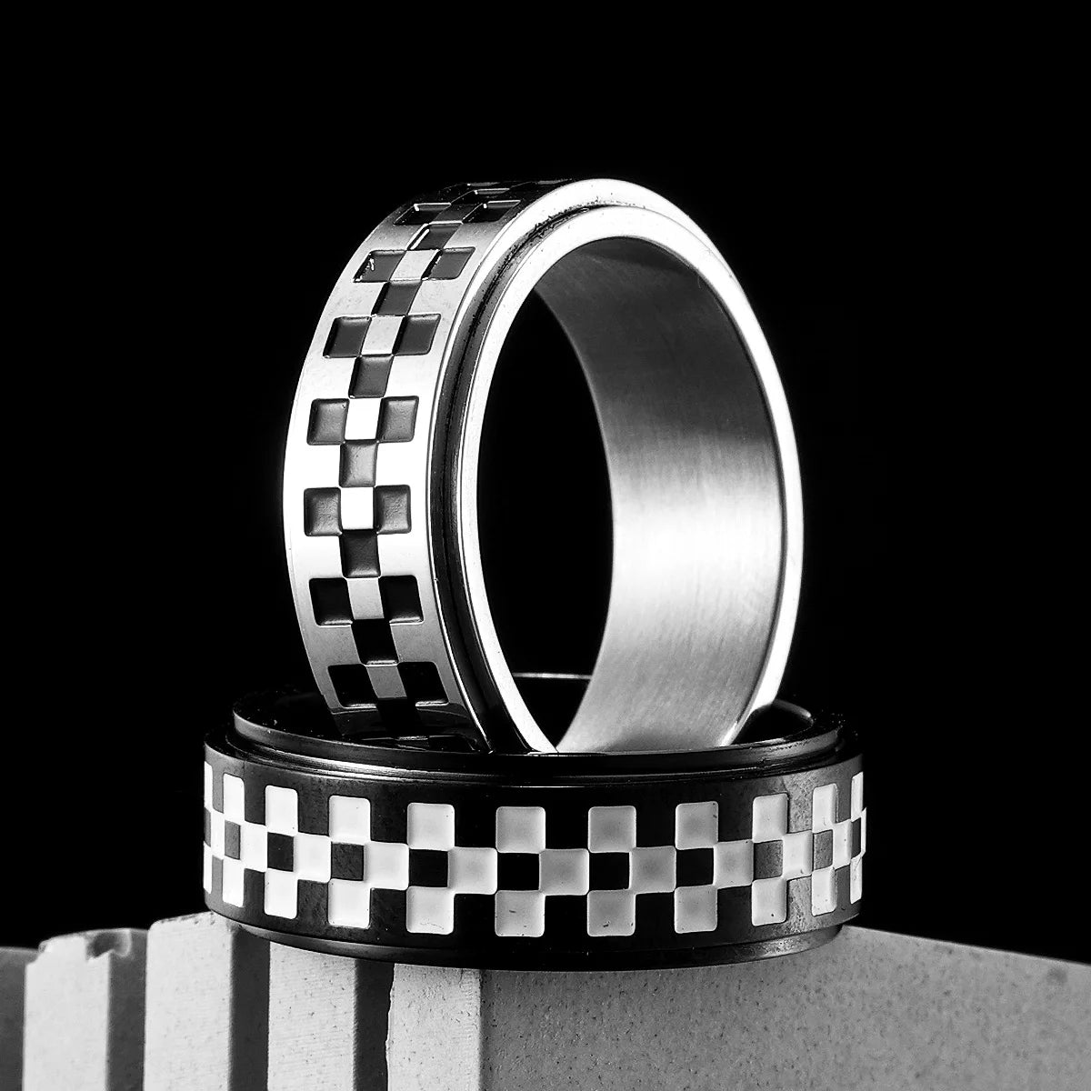 Racing Checkerboard Fidget Spinner Men Rings Stainless Steel Punk Rock Simple Women Jewelry Fashion Accessories Gift